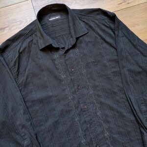 Black‎ Embroidered Mini Pleated Men's Button Down Shirt International Laundry 2X